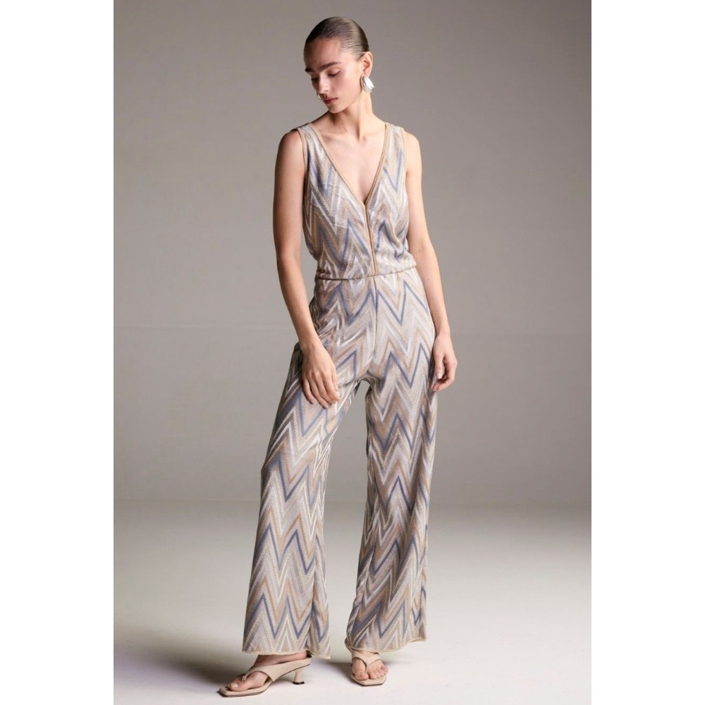 Maria Pavan NWT Chevron Knit Jumpsuit Large Boho Metallic Wide Leg Sleeveless‎